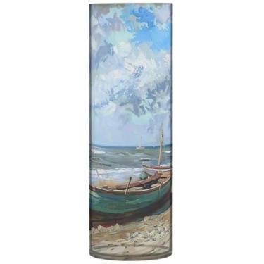 Imagem de Vaso cilíndrico de praia para barcos de pintura para flores, vasos e plantadores de plástico personalizados, decoração floral de outono, estética, 30 cm x 9,9 cm