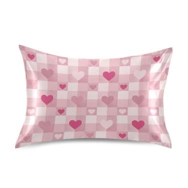 Imagem de Wassud Fronha de cetim xadrez com corações xadrez para o dia dos namorados para cabelo e pele fronhas de seda lisa tamanho padrão capas de travesseiro respiráveis com fecho de envelope