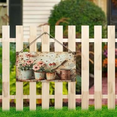 Imagem de Placa de pendurar de 10 x 20 cm - Ferramentas de flores em vaso rústico para decoração de casa de fazenda rústica, para cerca, varanda, jardim (casa vintage e design floral)