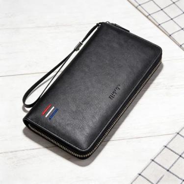 Imagem de Carteira universal moderna preta de couro liso listrado com vários cartões, design moderno preto curto com encaixe, padrão listrado couro liso e organização de vários cartões