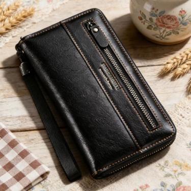 Imagem de Carteira masculina clássica preta de grande capacidade com fivela xadrez de couro macio, design preto clássico de grande capacidade com fivela, padrão xadrez, couro macio, ultrafino