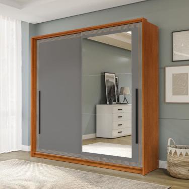 Imagem de Guarda Roupa Roupeiro 2 portas de correr 2 gavetas com Espelho Valência Freijó Cinza Politorno Móveis