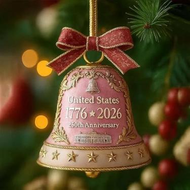 Imagem de Enfeite comemorativo de Natal com sino comemorativo de 250º aniversário | Decoração patriótica semiquincentenária | Presente de lembrança de marco histórico americano para veteranos, colecionadores e