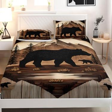 Imagem de AILONEN Jogo de lençol Queen com urso rústico, caça, animais selvagens, floresta vintage, vida selvagem, 2 fronhas, microfibra macia, 3 peças