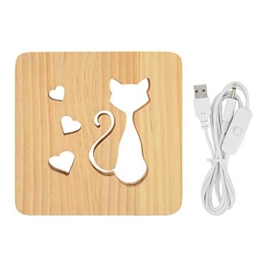 Imagem de Gato Coração Padrão Luz Noturna Frente Traseira Oca Madeira 3D LED Abajur de Cabeceira para Quarto Restaurante Luz Branca Quente Alimentada por USB Material de Madeira de Pinho