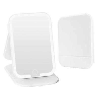 Imagem de ZHUOTHAN Espelho de viagem recarregável com luz, espelho de maquiagem de LED com luzes, espelho de maquiagem portátil com iluminação de 3 cores, espelho cosmético iluminado por toque, itens essenciais