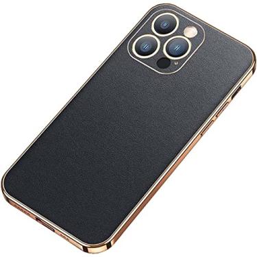 Imagem de MAALYA Capa de telefone de borda dourada de couro, para Apple iPhone 14 Plus 2022 Capa traseira à prova de choque com lente de câmera de proteção (Cor: Preto)