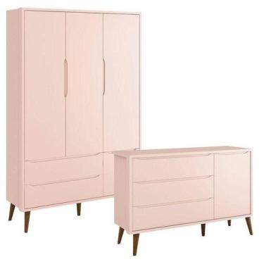 Imagem de Guarda Roupa Infantil 3 Portas E Cômoda Theo 1 Porta Rosa Com Pés Amad