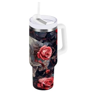 Imagem de SEHANY Copo de caveira e rosas de 1,18 l com alça, copo isolado de aço inoxidável a vácuo de parede dupla, à prova de vazamento, caneca de café isolada para viagem cabe no suporte de copo de carro