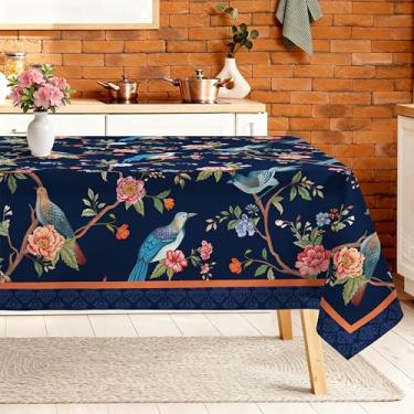 Imagem de Arquiel Toalha de mesa retrô para ramo de pássaros, retangular, lavável na máquina, 140 x 178 cm, capa de mesa de poliéster azul profundo para cozinha, jantar, festa, decoração ao ar livre