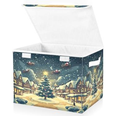 Imagem de Blueangle Caixotes de armazenamento de desenho animado Snow Town com tampas, 42 x 32 x 30 cm, grande cesta organizadora dobrável para decoração de casa e escritório (177)