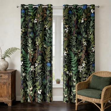 Imagem de Xioistiy Cortinas blackout botânicas vintage, elegante boho gótico verde escuro samambaias florais painéis de cortina de janela, retrô caprichoso núcleo de casa de campo de flores silvestres 2 painéis