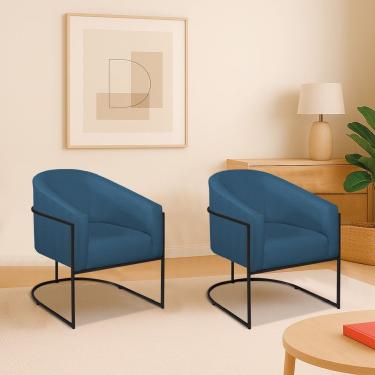 Imagem de Kit 2 Poltronas Decorativa Jade Moderno Escritório Confortável Luxo Base De Ferro Preto Linho Cor Azul Royal