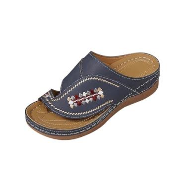 Imagem de Pantufas femininas modernas, casuais, estilo verão, cor sólida, boca de peixe, sola grossa, Azul marino, 38