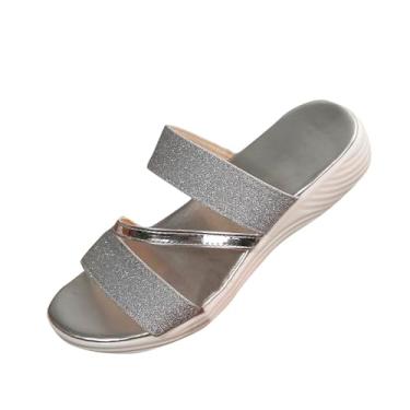 Imagem de Pantufas femininas casuais com design de bico redondo com sola confortável e estilo pronto para a praia, Prata, 35