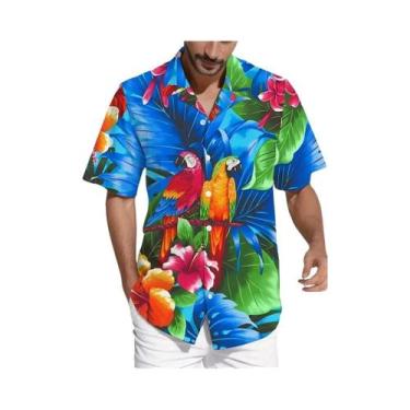Imagem de Camisa Havaiana Masculina Com Estampa Floral Vibrante De Papagaio, Cas