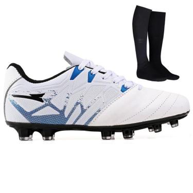 Imagem de Chuteira de Futebol Masculina Campo Grama Natural Bico Reforçado em Couro + Meião-Masculino