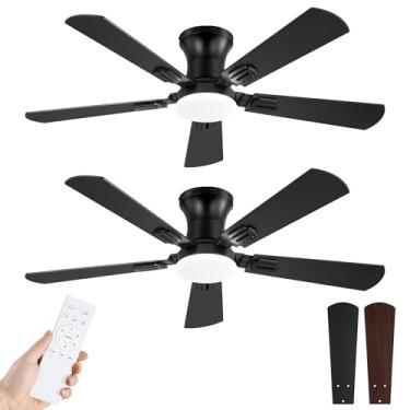 Imagem de Fanbulous Pacote com 2 ventiladores de teto de 106 cm com luzes e controle remoto, ventilador de teto preto de perfil baixo com 6 velocidades e 3 CCT, montagem embutida, acabamento duplo, 5 lâminas