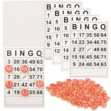 Imagem de MJFUNTXY Jogo de bingo clássico, conjunto de bingo de madeira inclui 40 cartas com números de bingo e 75 xadrez, jogo de azar para festas em família, crianças, adultos, atividades de férias
