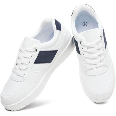 Imagem de Eydram Tênis feminino branco de couro sintético com cadarço plataforma para mulheres, tênis casuais de cano baixo, Branco, azul, 37