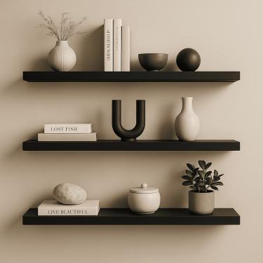 Imagem de Prateleira Madeira Flutuante Multiuso Kit 3 68x20 Luara Preto L06 - D'Rossi