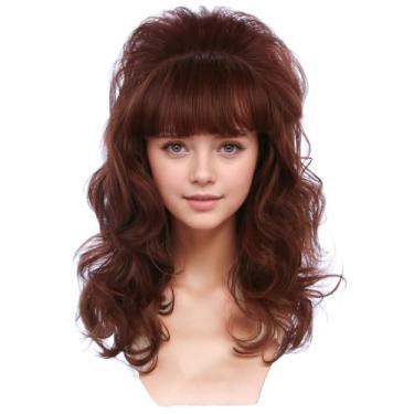 Imagem de PATTNIUM Peruca infantil laranja com franja peruca longa encaracolada ondulada vermelha marrom peruca cosplay peruca de cabelo sintético