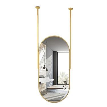 Imagem de Espelho de moldura de metal dourado - Design oval com barras duplas | Espelho decorativo flutuante para entrada, sala de estar, banheiro, banheiro, vestiário, espelho de maquiagem