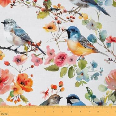 Imagem de Erosebridal Tecido floral aquarela da The Yard, tecido de estofamento de pássaros animais kawaii para cadeiras de sofá, flores laranja rosa para costura acolchoada, folhas verdes, arte DIY botânica, 2