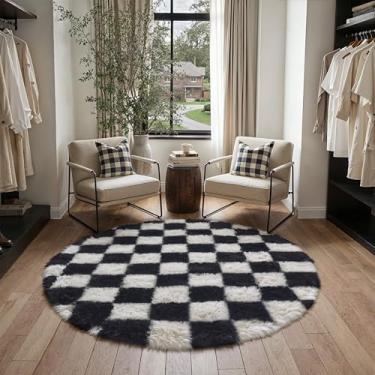 Imagem de PureCozy Tapete quadriculado 12 x 12 cm para sala de estar, preto e branco moderno felpudo super macio lavável tapete felpudo para quarto, casa, dormitório, decoração estética