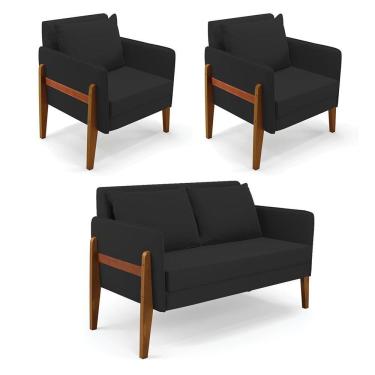 Imagem de Kit 1 Sofá Namoradeira E 2 Poltronas Lana Veludo Preto Base De Madeira - D'rossi