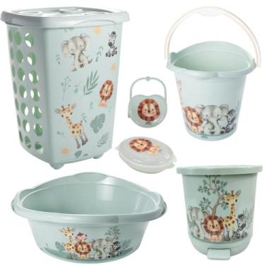 Imagem de Kit cesto de roupa de bebê decorada plasutil 6 peças + bacia + lixeira