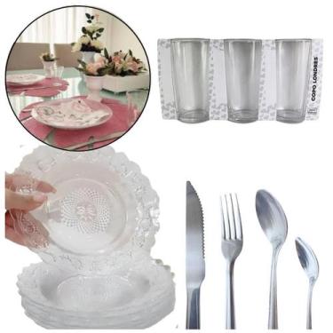 Imagem de Jogo Jantar 36 Pç Prato Fundo, Copos Vidro e Talheres Inox Kit Casa No