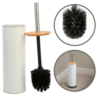 Imagem de Escova Sanitária Inox Branca Tampa Bambu Mimo Style com Suporte Banhei