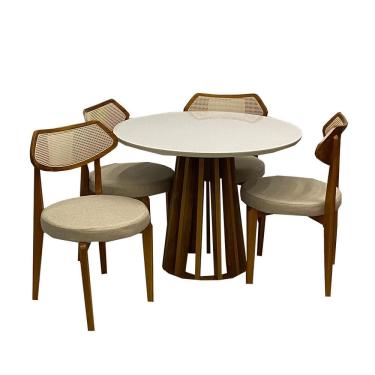Imagem de Mesa de Jantar Berlim 100cm Redonda com Vidro e 4 Cadeiras Athenas em Linho Madeira Cel Móveis Cor Cinamomo Off White com Tecido Bege