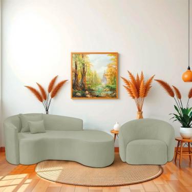 Imagem de Kit Recamier Curvo Sala De Estar Inglaterra 200cm Lado Direito E 2 Poltronas Orgânica Luxo Amore Bouclé Verde Oliva