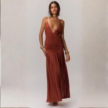 Imagem de Vestido Midi Em Tule De Malha Decote V Profundo Franzido Cor:Terracota