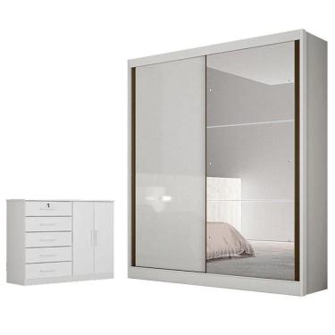 Imagem de Guarda Roupa Solteiro Dante Com Nicho E Espelho E Cômoda Seul Neve - Horizonte
