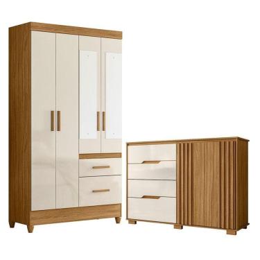 Imagem de Guarda Roupa Solteiro Madri Com Espelho E Cômoda Texas Freijó Off White - Moval