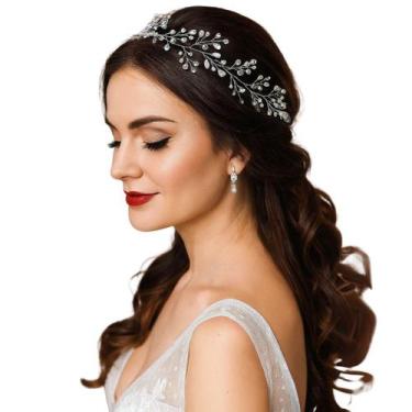 Imagem de Tiara Arranjo Cabelo Noiva Pérola Fio Strass Cristal Pratead - - anjo 