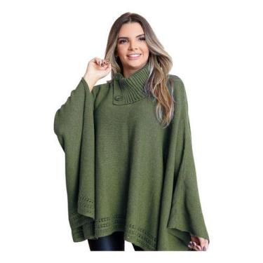 Imagem de Poncho Feminino Tricô Lã Gola Alta Confortavél Tendência Frio - Rosile