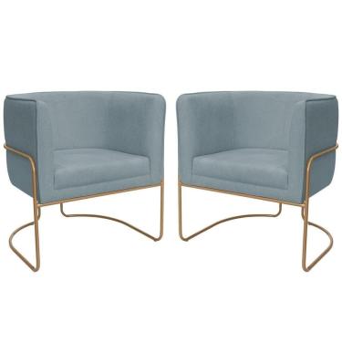 Imagem de Kit 02 Poltronas Decorativas Betina Base Aço Ouro Fosco Bouclé Azul Claro - Nexta Casa