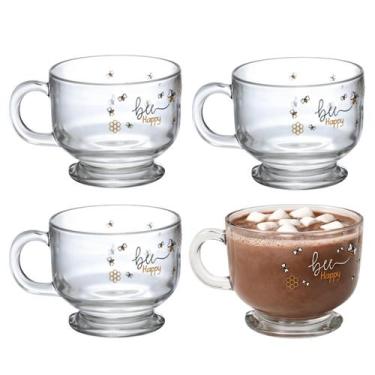 Imagem de Kit 4 Caneca Xícara De Vidro Jumbo Sopa Cereal Bee 500ml - Haüskraft