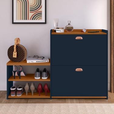 Imagem de Sapateira Vertical Milano 2 Gavetas Basculantes Prateleira Porta Calçados Banquinho Hall Entrada Canto Quarto Retrô - Azul/Cedro - RPM