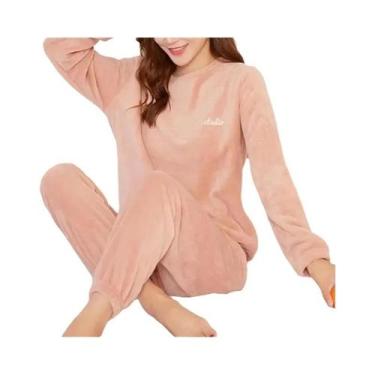 Imagem de Conjunto De Pijama Feminino De Veludo Quente Com Blusa Solta E Calças 