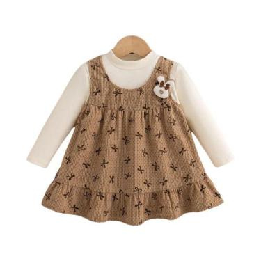 Imagem de Vestido De Manga Longa Para Menina Com Laço, Estilo Falso De Duas Peça