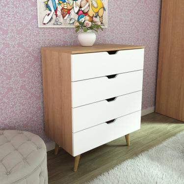 Imagem de Cômoda Dormitório 4 Gavetas MDF sem Puxador Amêndoa e Branco 68x92 e 5cm com Pé Tornead...