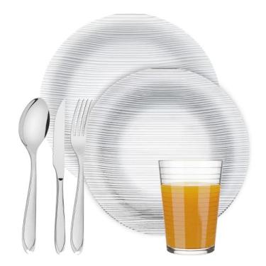 Imagem de Kit Aparelho Jantar 24 Peças Pratos Copos Vidro E Talheres Inox Resist