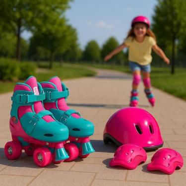 Imagem de Patins Infantil Menina 4 Rodas Ajustável 30-37 Kit Proteção - Fênix, V