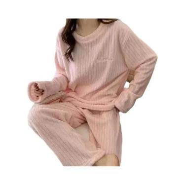 Imagem de Conjunto De Pijama Feminino De Veludo Quente Com Blusa Solta De Fleece