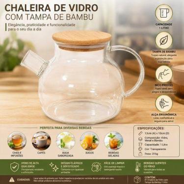 Imagem de Chaleira Vidro Transparente Com Tampa Bambu Capacidade 1 Litro Design 